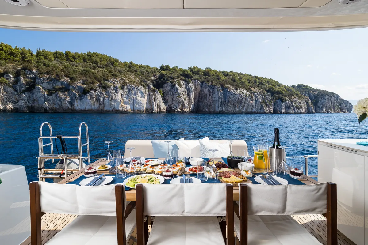 Deck of Solitaire, a Sunreef 50 catamaran at Grad Kaštela, Croatia
