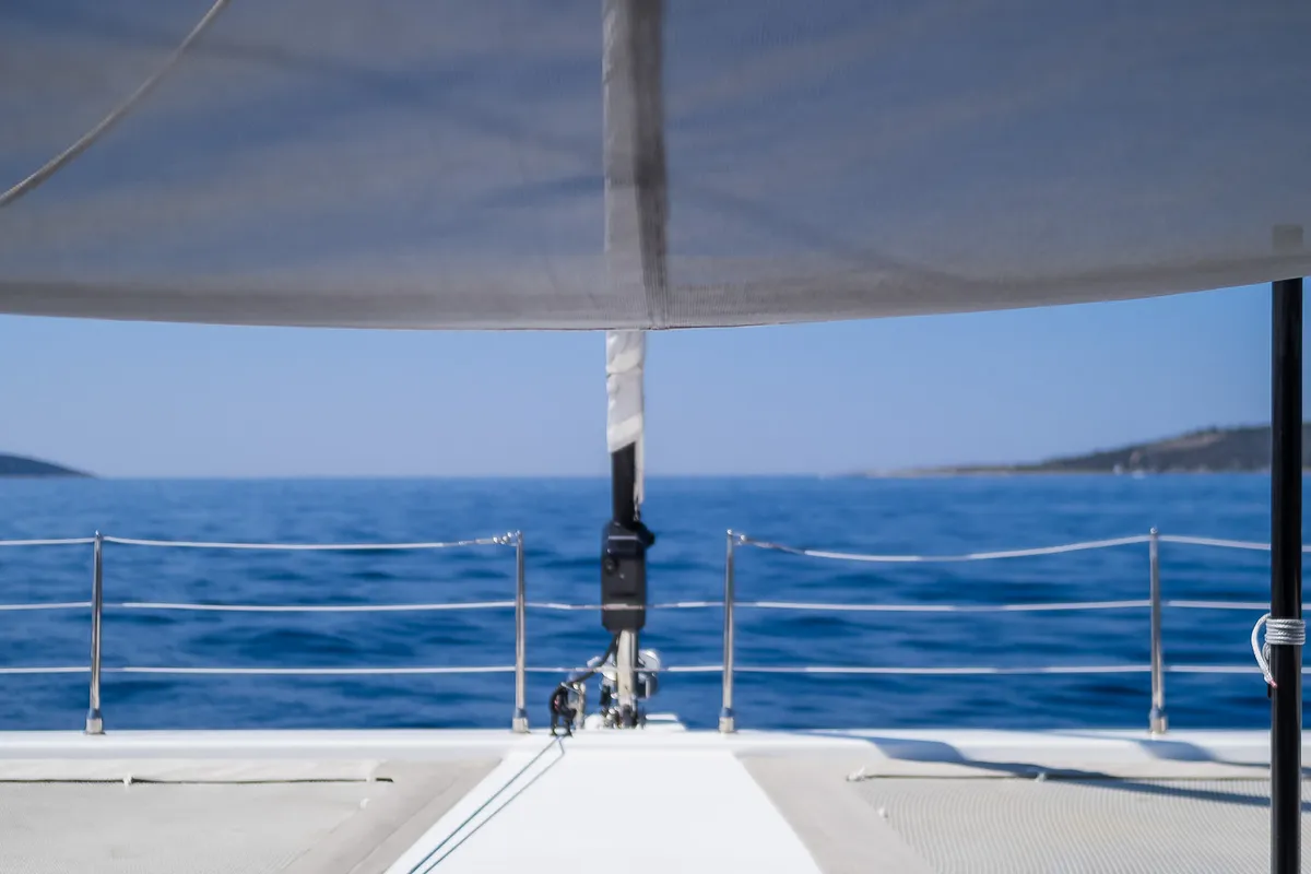 Deck of Solitaire, a Sunreef 50 catamaran at Grad Kaštela, Croatia