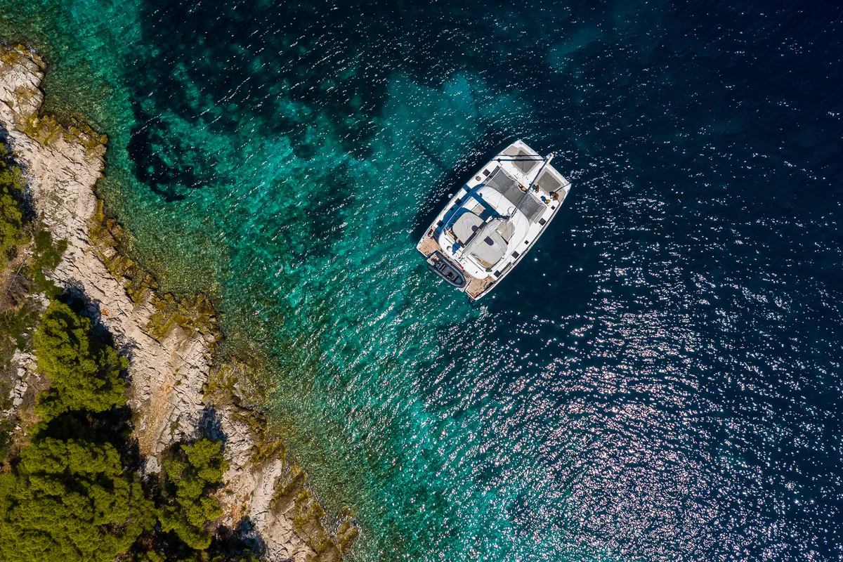 Exterior view of Solitaire, a Sunreef 50 catamaran at Grad Kaštela, Croatia