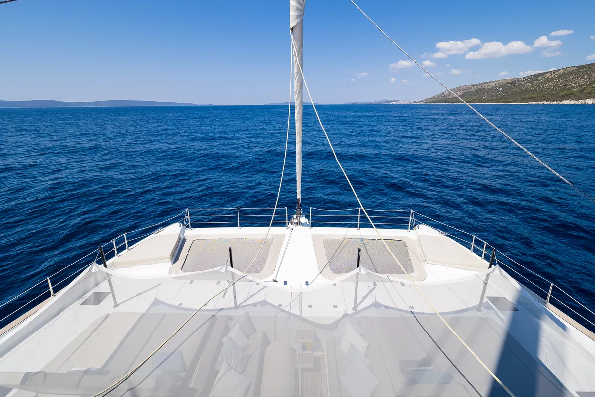 Deck of Solitaire, a Sunreef 50 catamaran at Grad Kaštela, Croatia