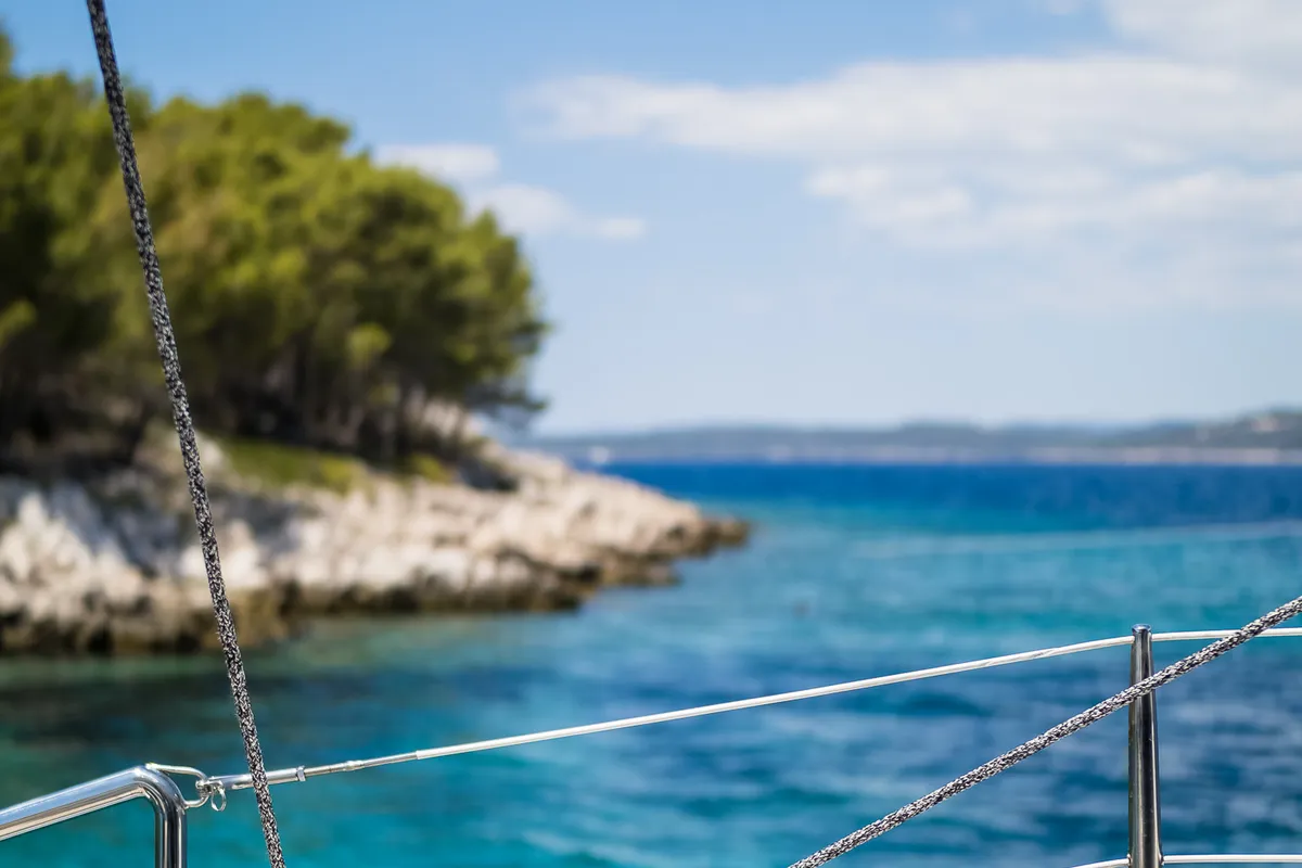 Deck of Solitaire, a Sunreef 50 catamaran at Grad Kaštela, Croatia