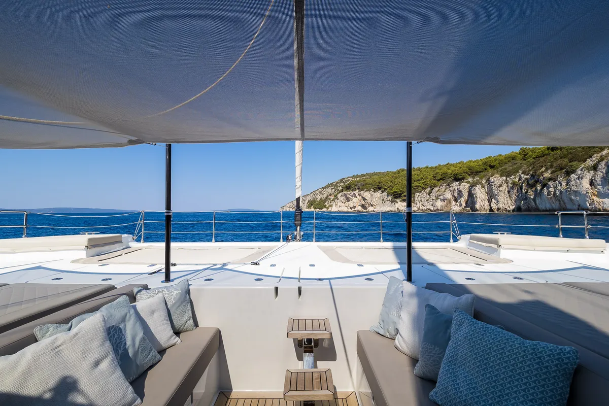 Deck of Solitaire, a Sunreef 50 catamaran at Grad Kaštela, Croatia