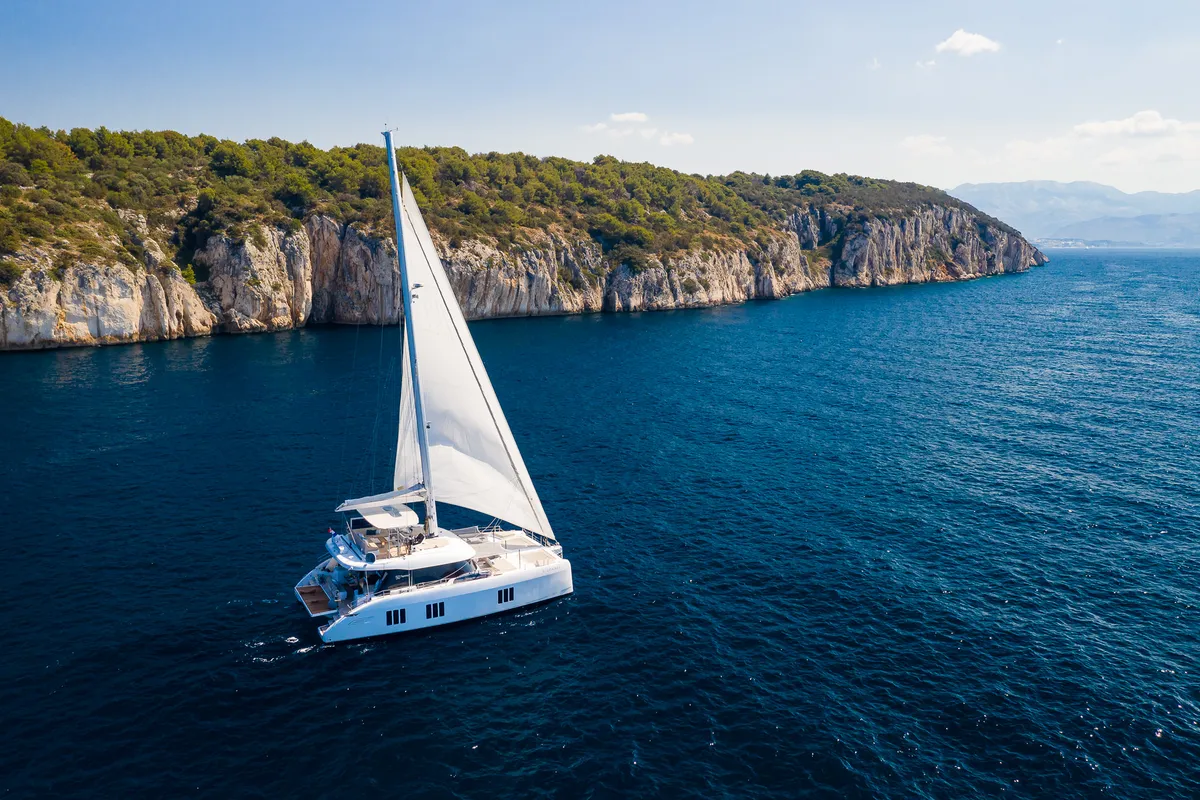 Exterior view of Solitaire, a Sunreef 50 catamaran at Grad Kaštela, Croatia