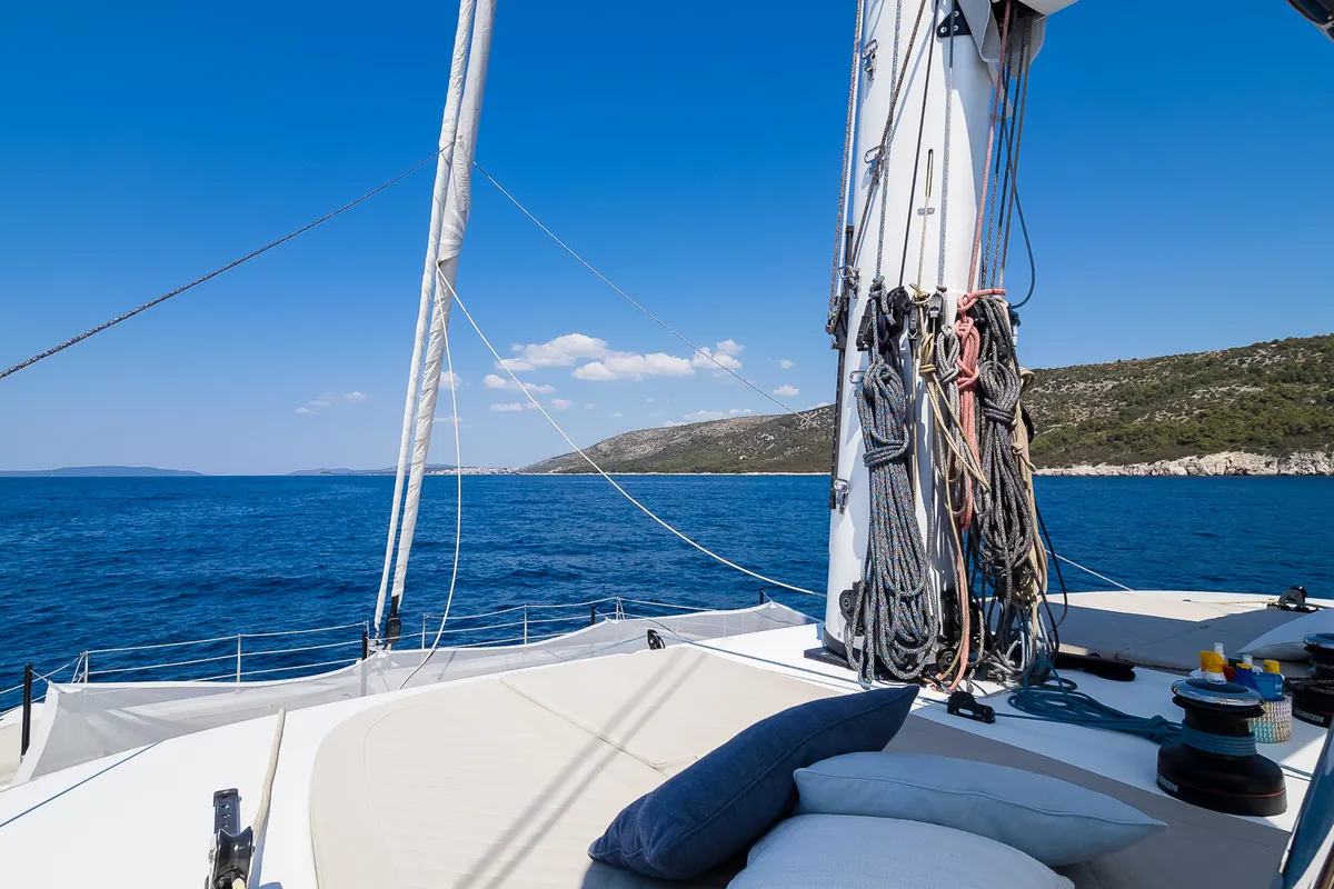 Deck of Solitaire, a Sunreef 50 catamaran at Grad Kaštela, Croatia