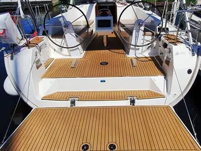 Cockpit of Hermes, a Bavaria Cruiser 41 sailboat at Thessaloniki, Greece