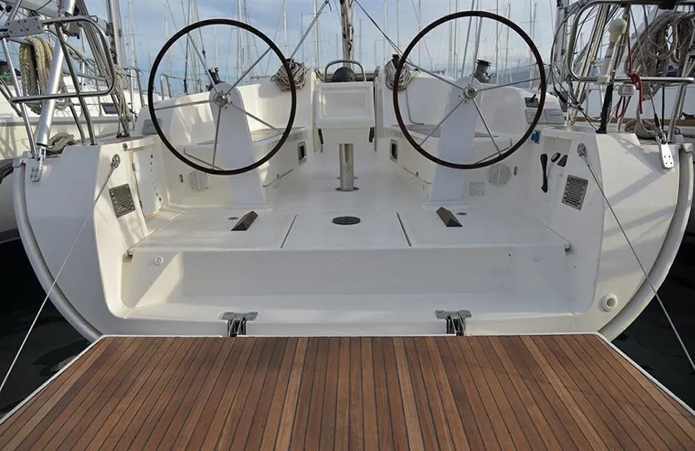 Cockpit of Hermes, a Bavaria Cruiser 41 sailboat at Thessaloniki, Greece