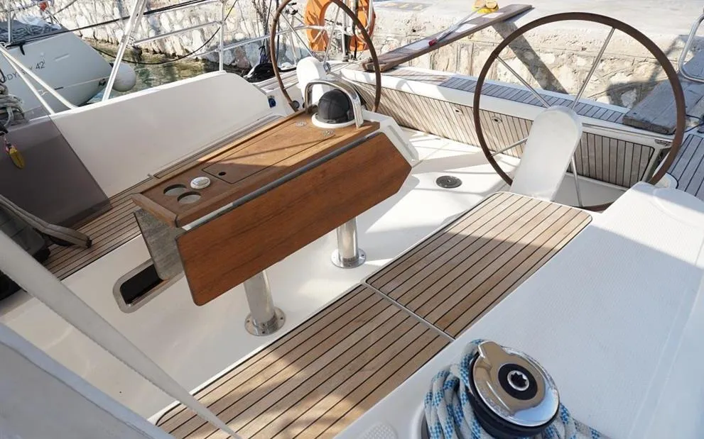 Cockpit of Hermes, a Bavaria Cruiser 41 sailboat at Thessaloniki, Greece