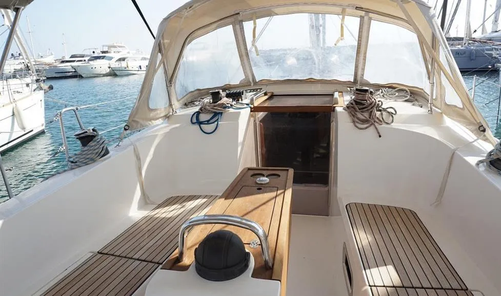 Cockpit of Hermes, a Bavaria Cruiser 41 sailboat at Thessaloniki, Greece