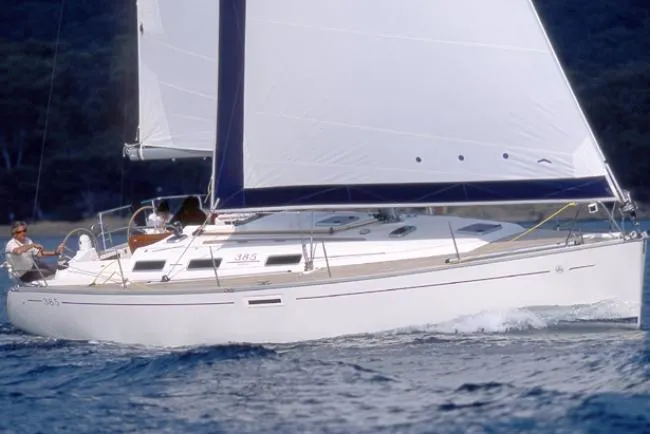Exterior view of Erica, a Dufour 385 Grand Large sailboat at Marsala, Italy