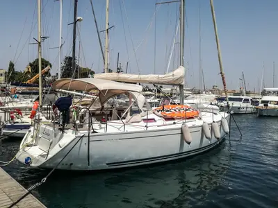 Exterior view of Erica, a Dufour 385 Grand Large sailboat at Marsala, Italy