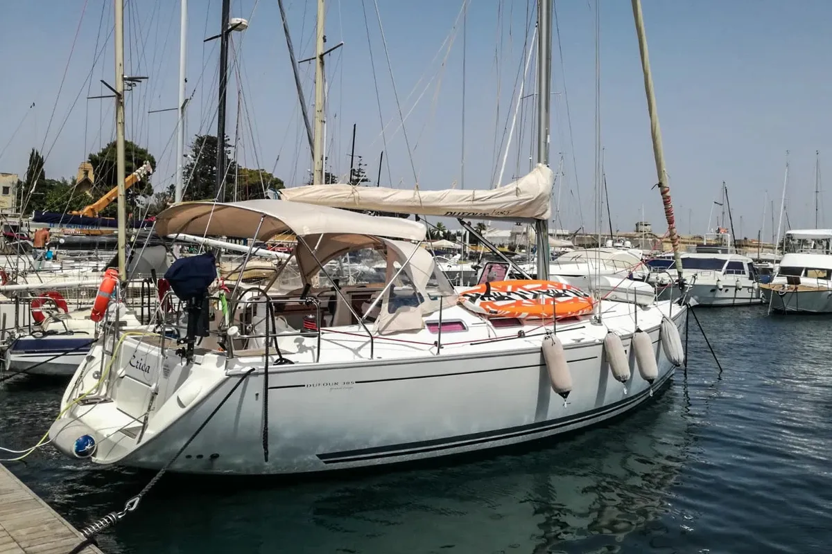 Exterior view of Erica, a Dufour 385 Grand Large sailboat at Marsala, Italy