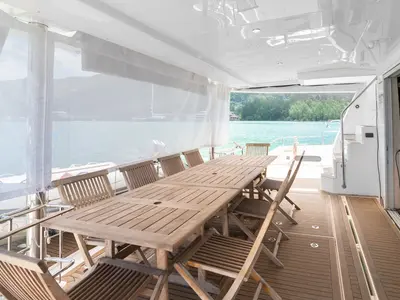 Deck of Between, a Leopard 58 catamaran at Roche Caiman, Seychelles