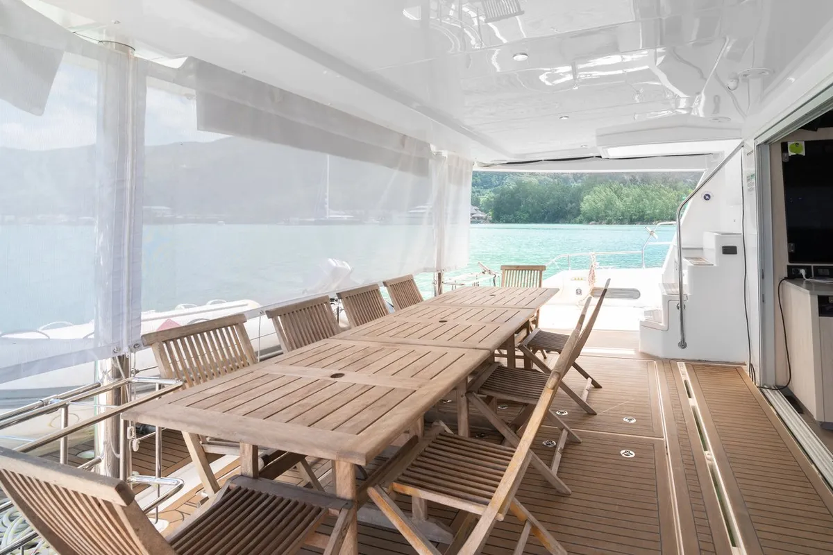 Deck of Between, a Leopard 58 catamaran at Roche Caiman, Seychelles