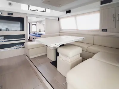 Salon of Between, a Leopard 58 catamaran at Roche Caiman, Seychelles