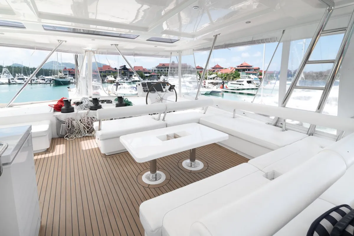 Deck of Between, a Leopard 58 catamaran at Roche Caiman, Seychelles