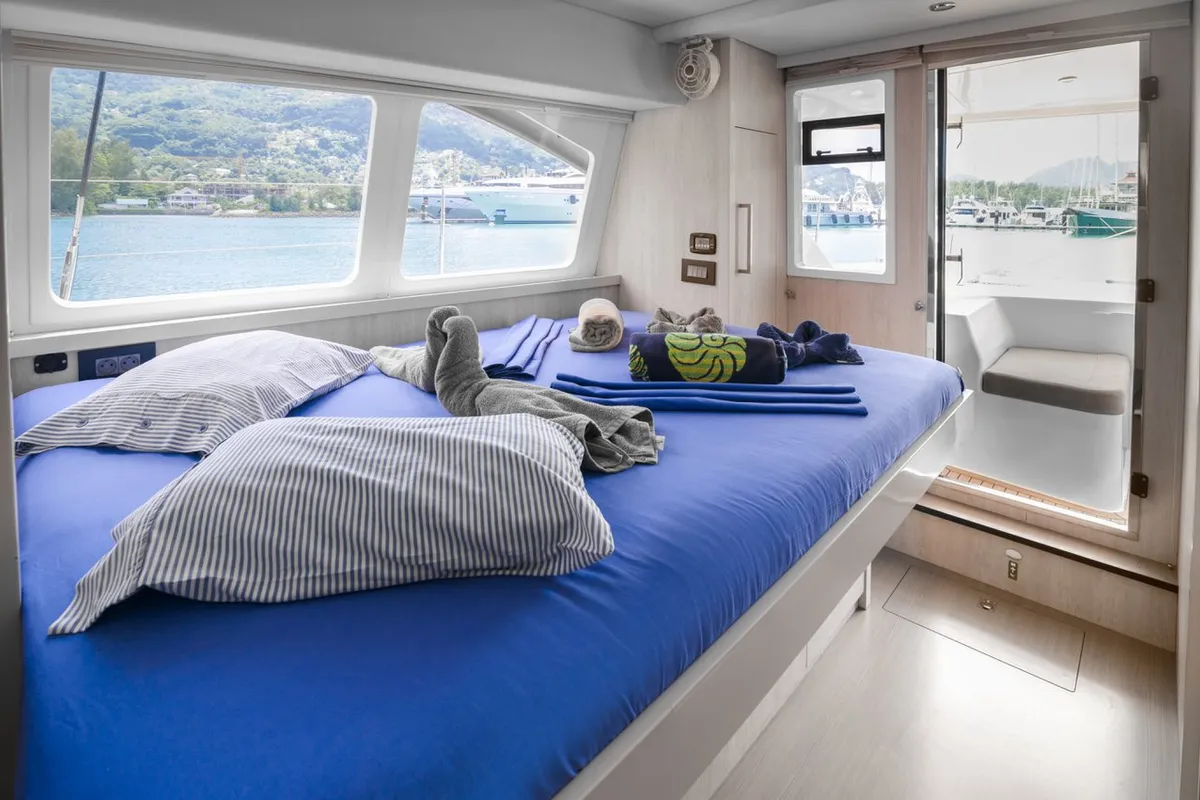 Cabin on Between, a Leopard 58 catamaran at Roche Caiman, Seychelles