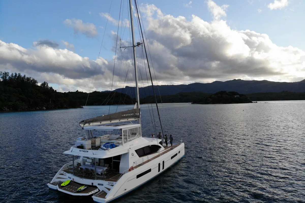 Exterior view of Between, a Leopard 58 catamaran at Roche Caiman, Seychelles