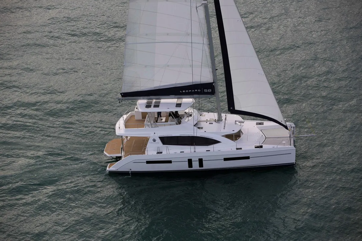 Exterior view of Between, a Leopard 58 catamaran at Roche Caiman, Seychelles