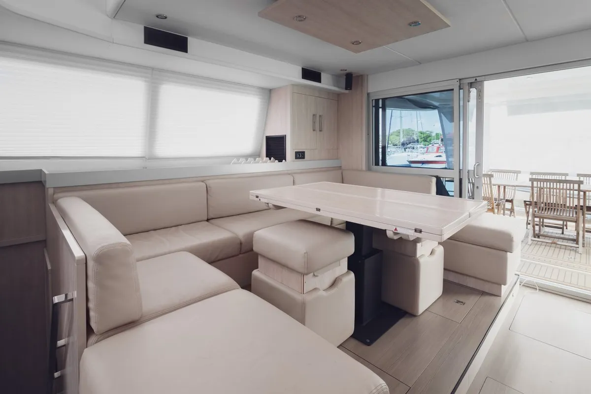 Salon of Between, a Leopard 58 catamaran at Roche Caiman, Seychelles