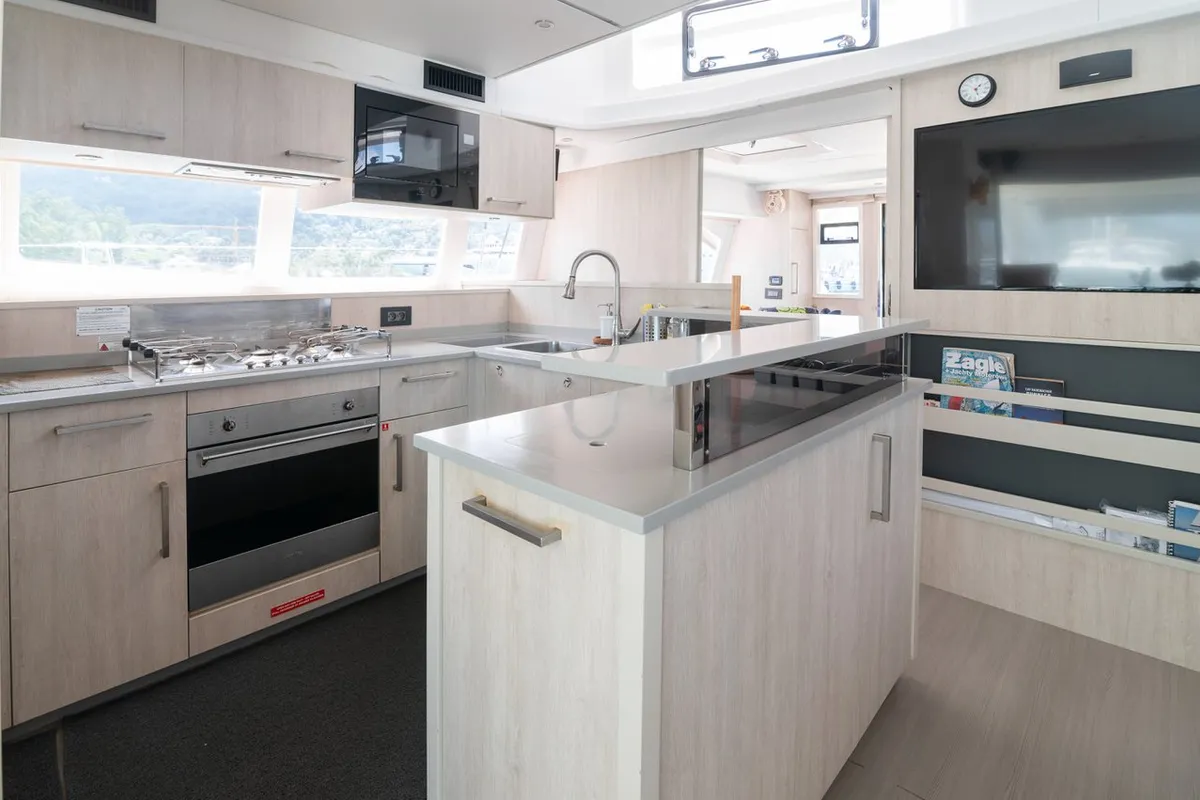 Galley of Between, a Leopard 58 catamaran at Roche Caiman, Seychelles