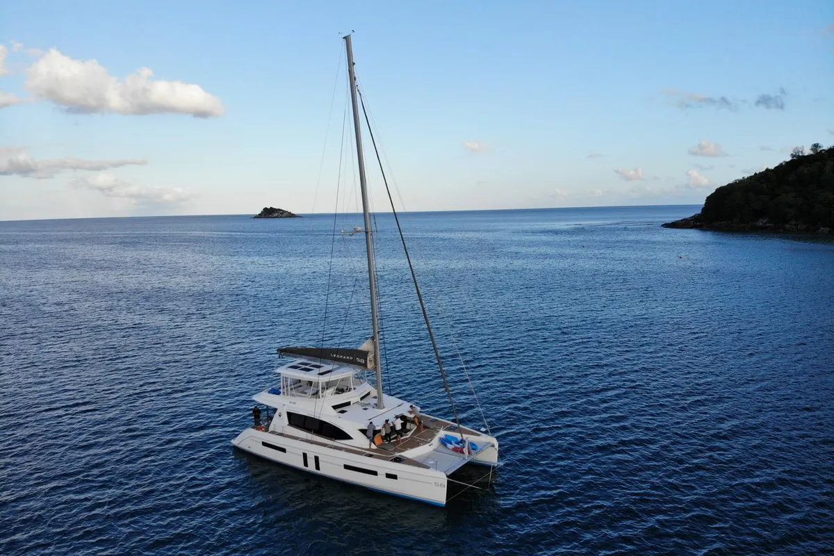 Exterior view of Between, a Leopard 58 catamaran at Roche Caiman, Seychelles