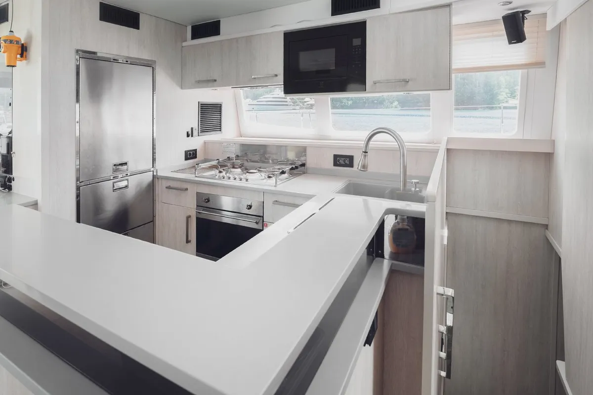 Galley of Between, a Leopard 58 catamaran at Roche Caiman, Seychelles