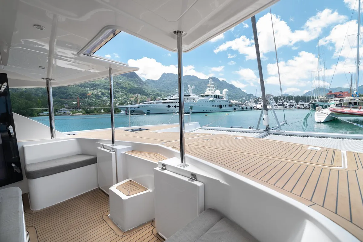 Deck of Between, a Leopard 58 catamaran at Roche Caiman, Seychelles