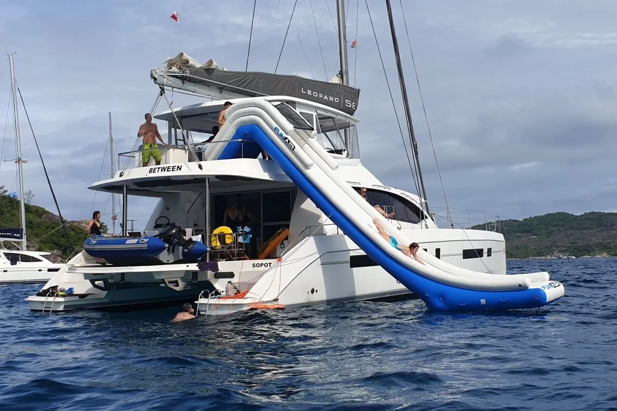 Exterior view of Between, a Leopard 58 catamaran at Roche Caiman, Seychelles