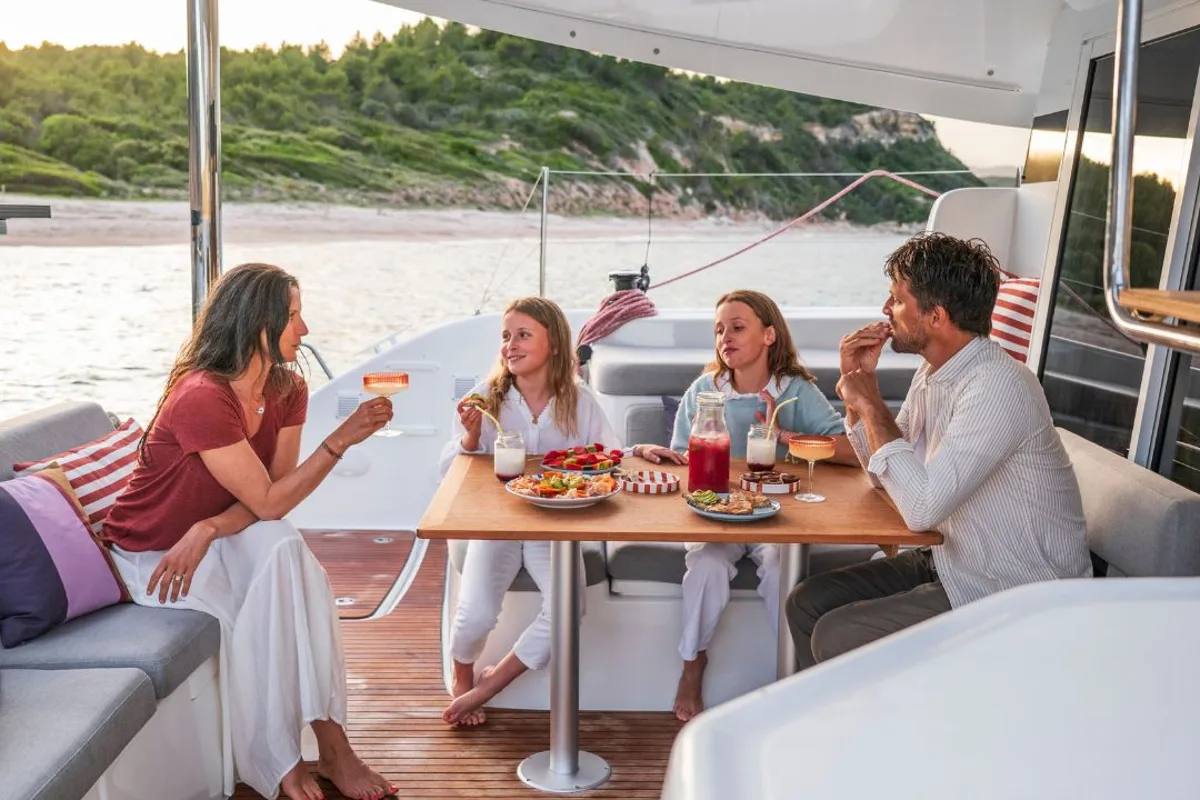 Deck of SIGA-SIGA, a Lagoon 38 catamaran at Municipal Unit of Lefkada, Greece