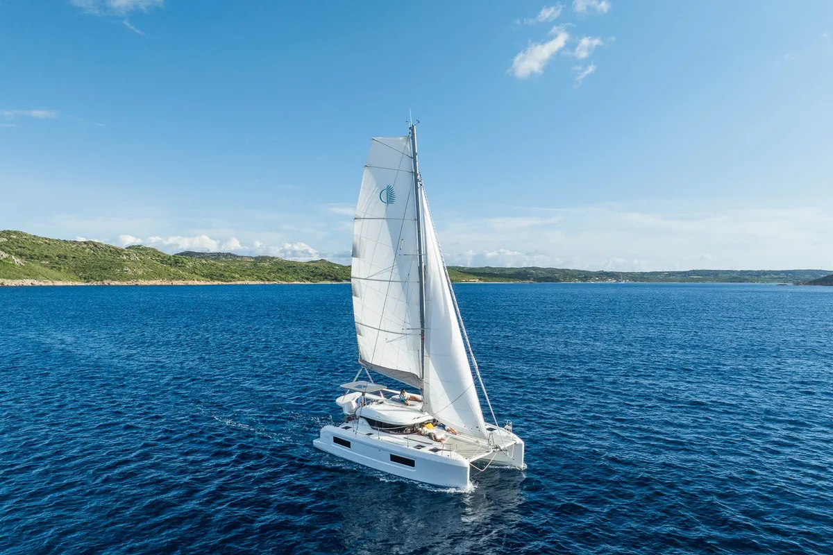 Exterior view of SIGA-SIGA, a Lagoon 38 catamaran at Municipal Unit of Lefkada, Greece