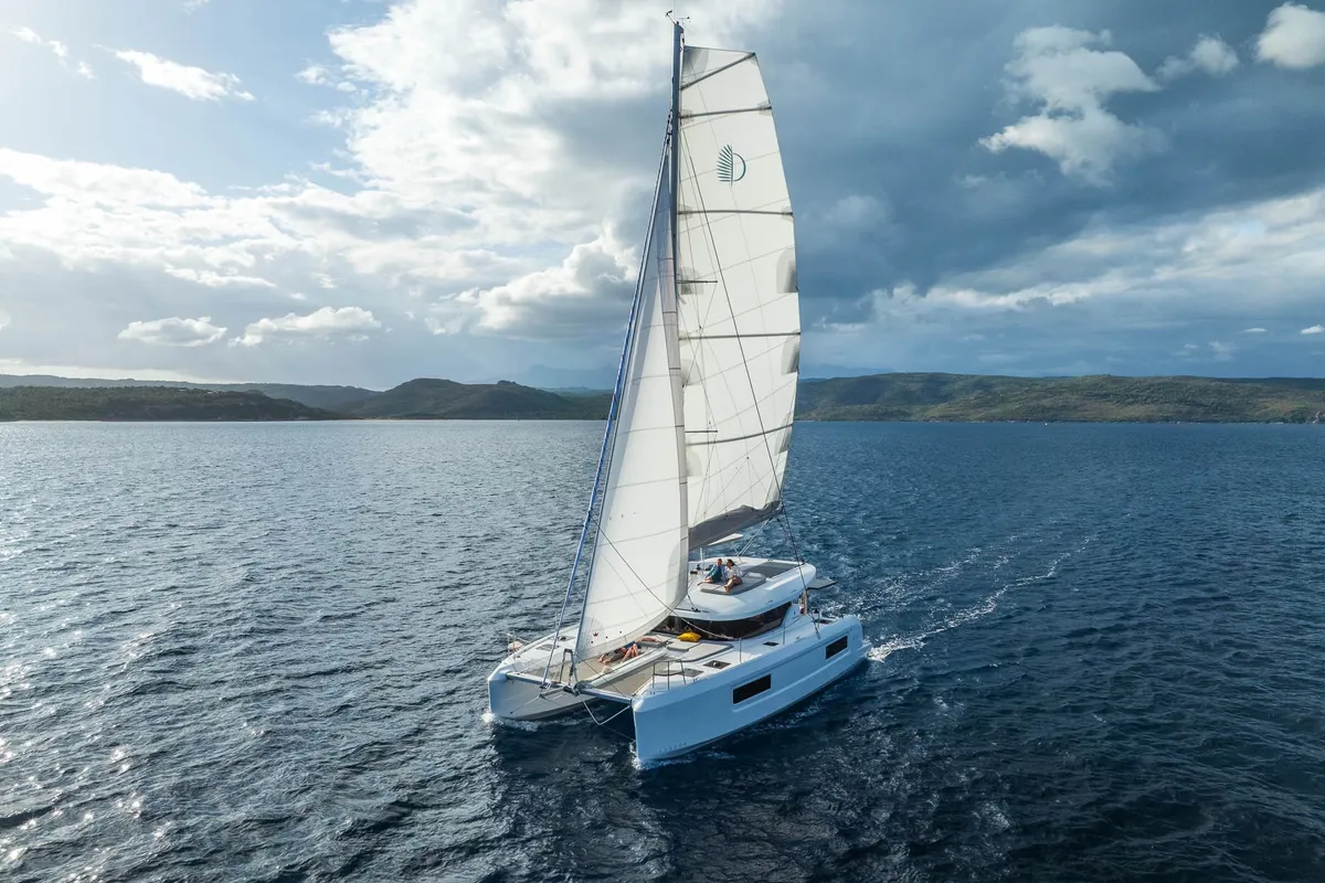 Exterior view of SIGA-SIGA, a Lagoon 38 catamaran at Municipal Unit of Lefkada, Greece