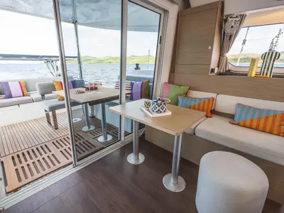 Salon of SIGA-SIGA, a Lagoon 38 catamaran at Municipal Unit of Lefkada, Greece