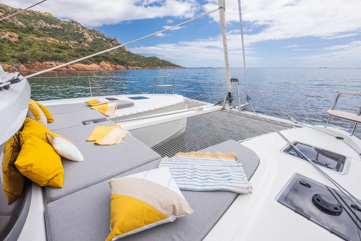 Deck of SIGA-SIGA, a Lagoon 38 catamaran at Municipal Unit of Lefkada, Greece