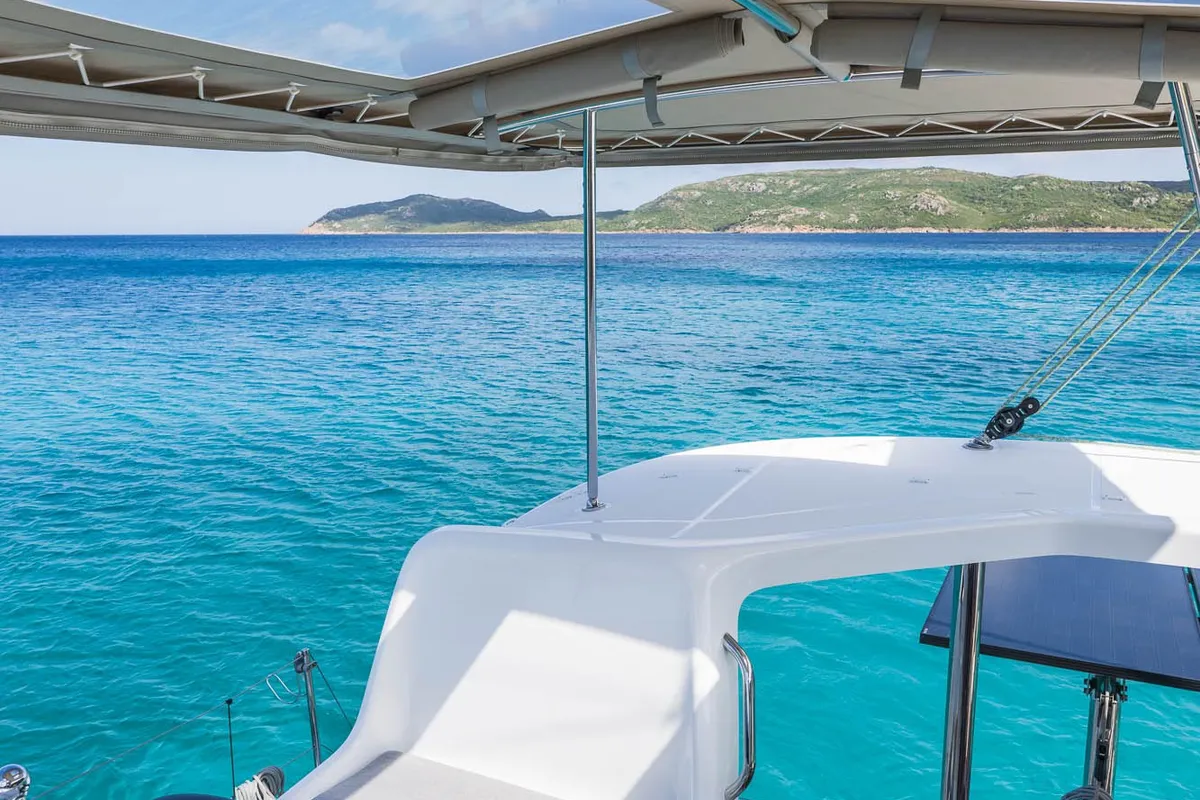 Cockpit of SIGA-SIGA, a Lagoon 38 catamaran at Municipal Unit of Lefkada, Greece