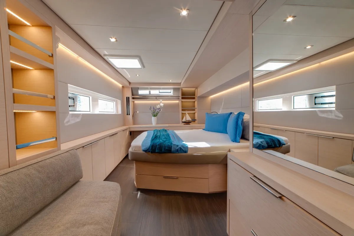 Cabin on Chilli, a Lagoon 55 catamaran at Olbia, Italy