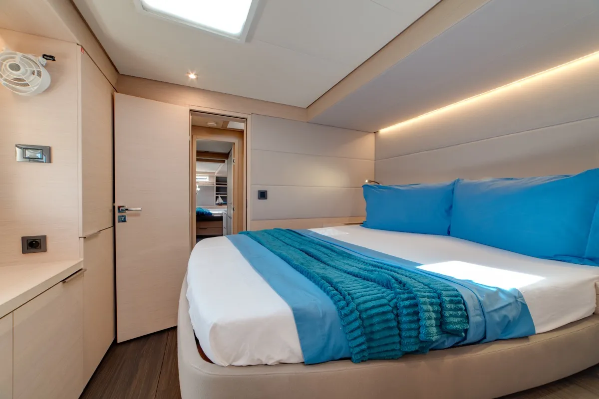 Cabin on Chilli, a Lagoon 55 catamaran at Olbia, Italy