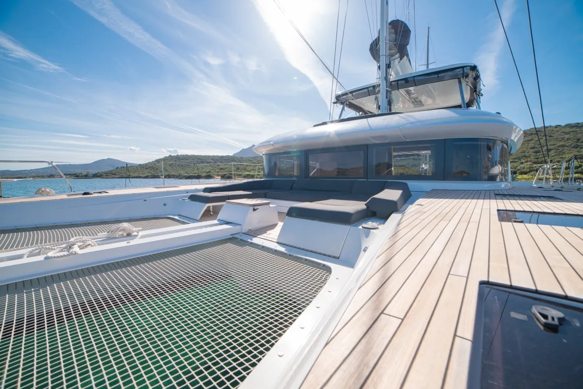Deck of Chilli, a Lagoon 55 catamaran at Olbia, Italy