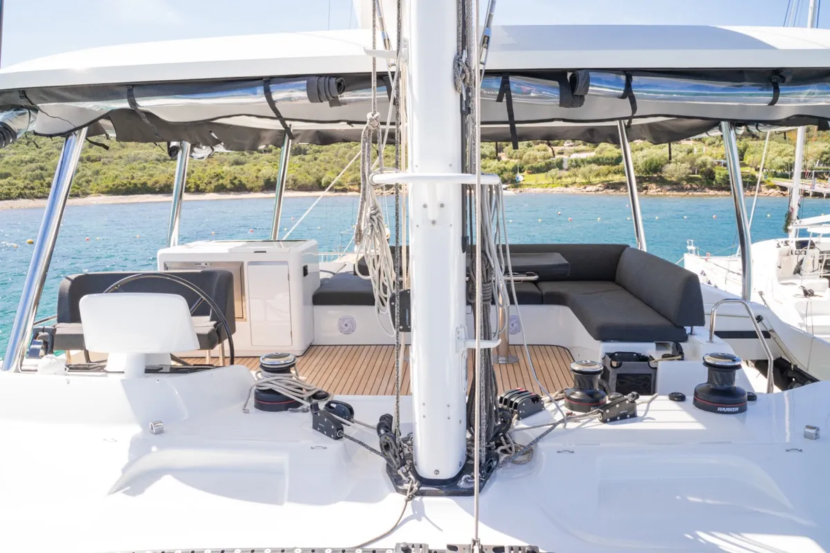 Cockpit of Chilli, a Lagoon 55 catamaran at Olbia, Italy