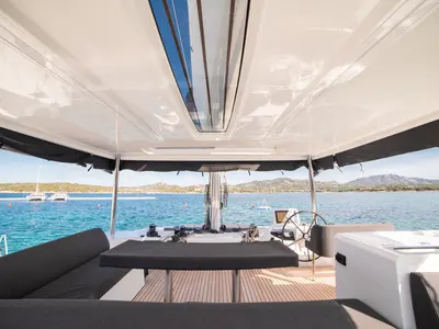 Cockpit of Chilli, a Lagoon 55 catamaran at Olbia, Italy