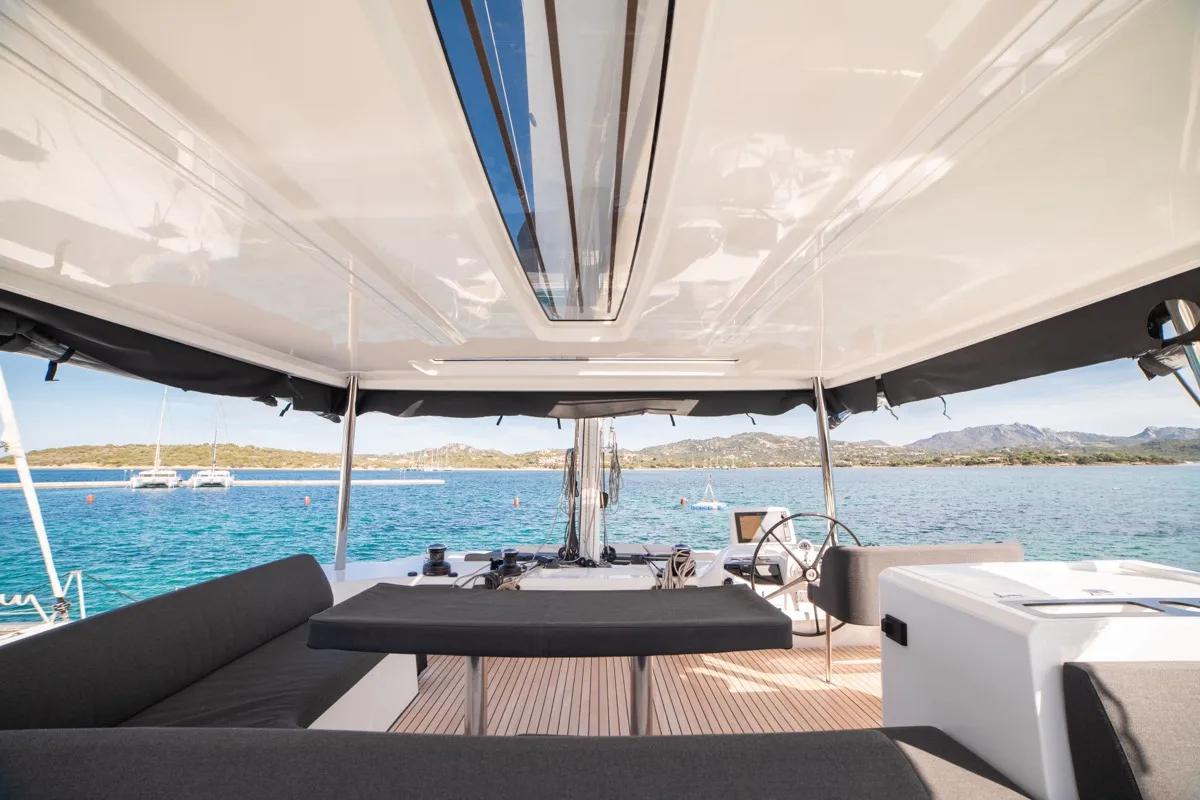 Cockpit of Chilli, a Lagoon 55 catamaran at Olbia, Italy