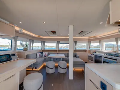Salon of Chilli, a Lagoon 55 catamaran at Olbia, Italy