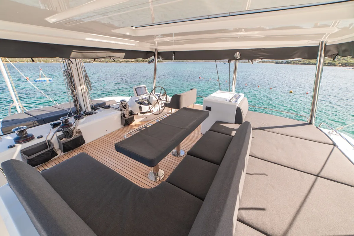 Cockpit of Chilli, a Lagoon 55 catamaran at Olbia, Italy