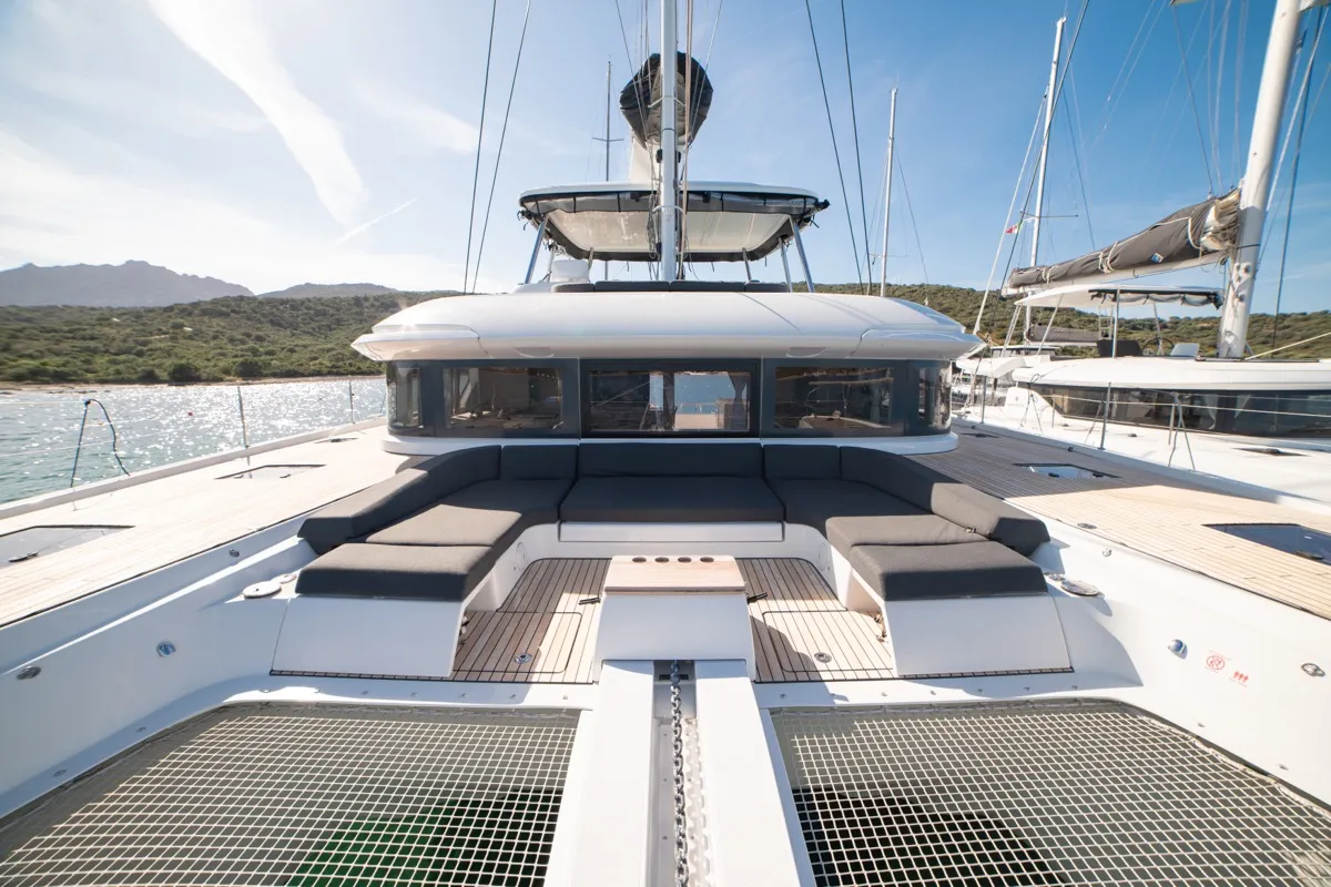 Deck of Chilli, a Lagoon 55 catamaran at Olbia, Italy