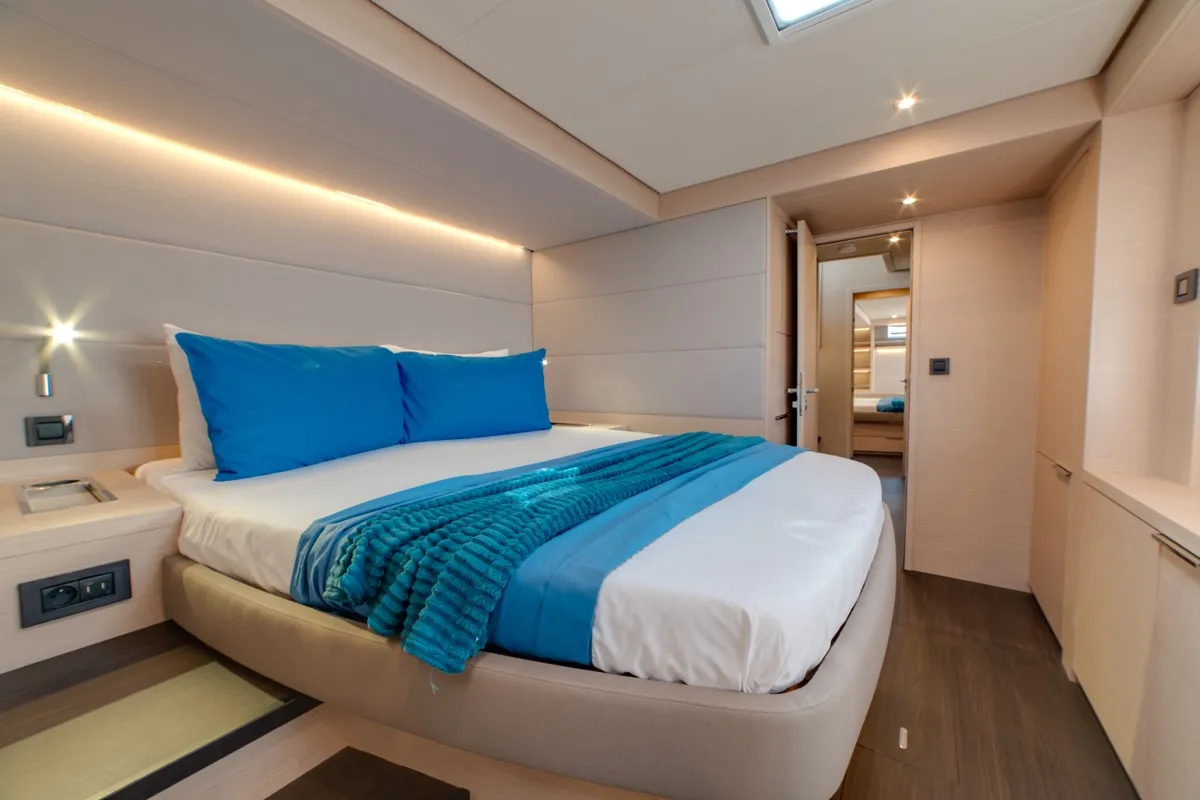 Cabin on Chilli, a Lagoon 55 catamaran at Olbia, Italy