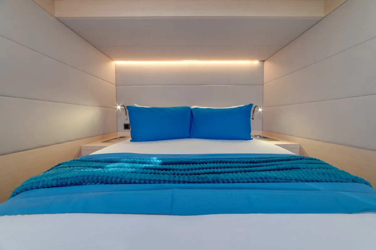 Cabin on Chilli, a Lagoon 55 catamaran at Olbia, Italy