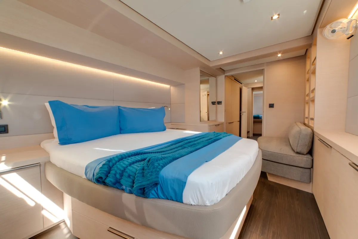 Cabin on Chilli, a Lagoon 55 catamaran at Olbia, Italy