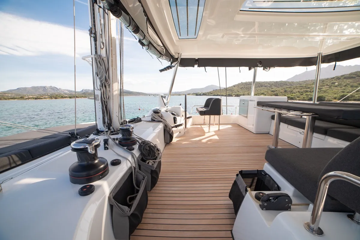 Cockpit of Chilli, a Lagoon 55 catamaran at Olbia, Italy