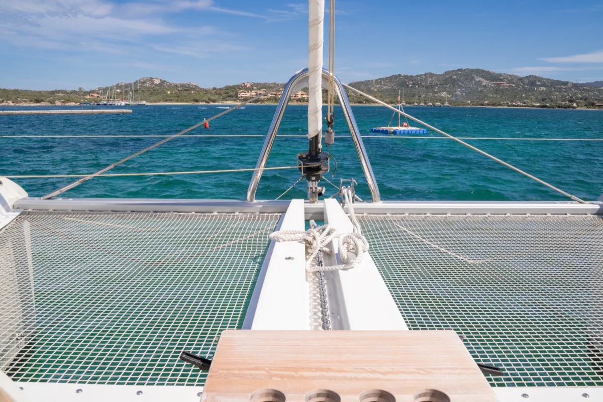 Deck of Chilli, a Lagoon 55 catamaran at Olbia, Italy