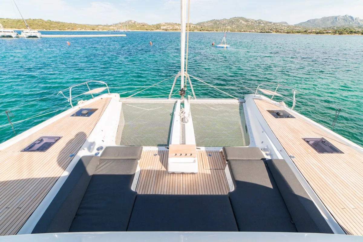 Deck of Chilli, a Lagoon 55 catamaran at Olbia, Italy