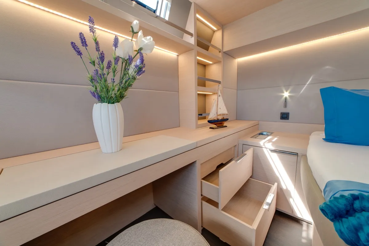 Cabin on Chilli, a Lagoon 55 catamaran at Olbia, Italy
